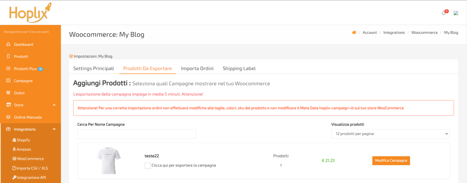 Prodotti da esportare su WooCommerce