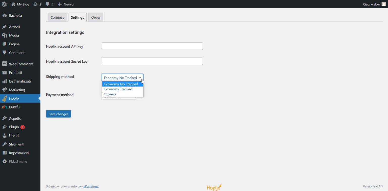 Impostazioni di spedizione del plugin Hoplix