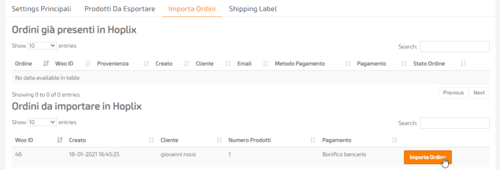 Importazione manuale degli ordini