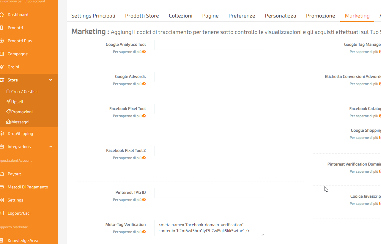 Schermata di Hoplix con area META TAG VERIFICATION nel pannello Marketing