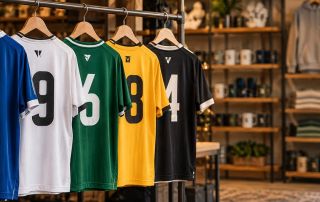 Maglie da calcio personalizzate appese in un negozio di merchandising sportivo