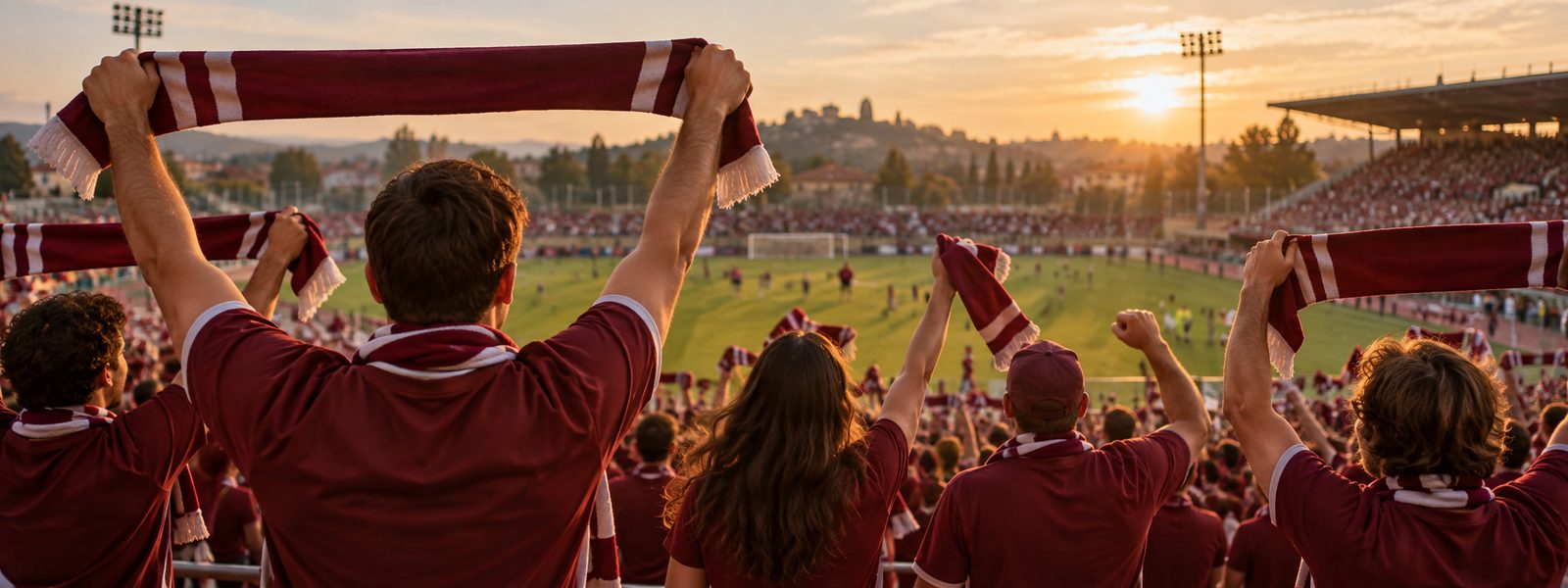Tifosi allo stadio con sciarpe e maglie della squadra