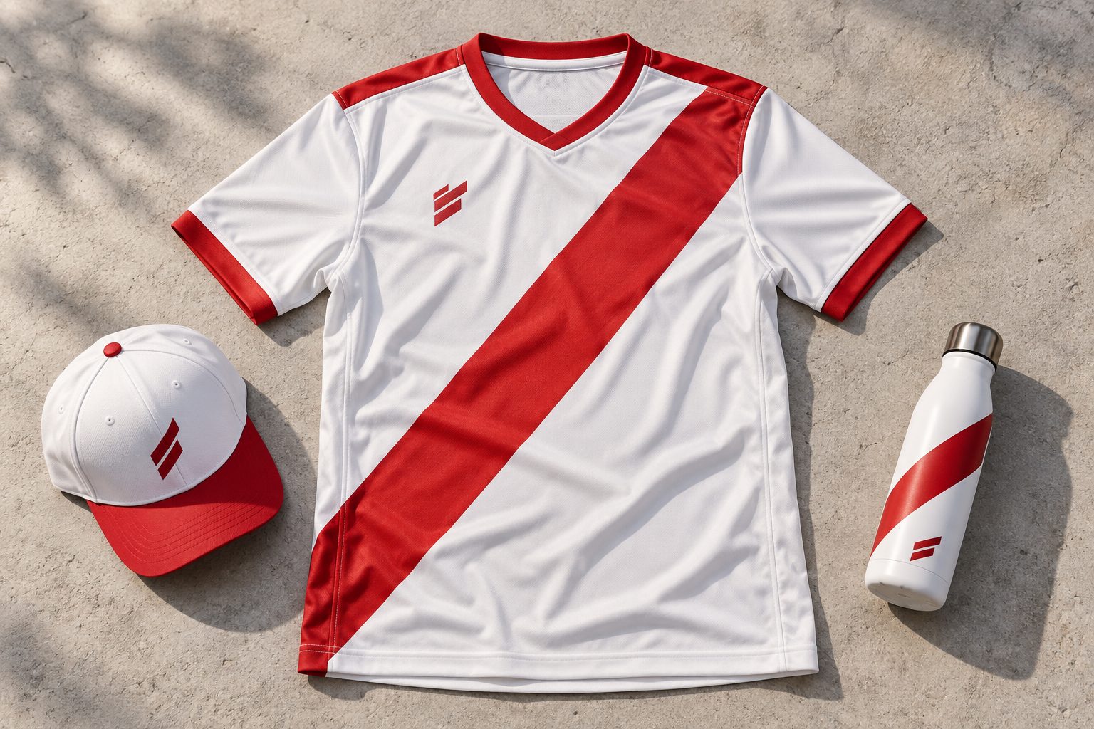 Kit di merchandising sportivo: maglia, cappellino e borraccia coordinati