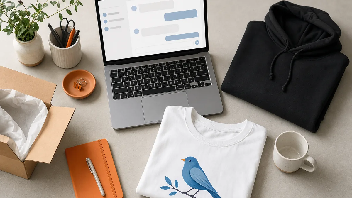 Laptop with an AI chat next to a printed t-shirt, hoodie and mug: print on demand with the Hoplix MCP server