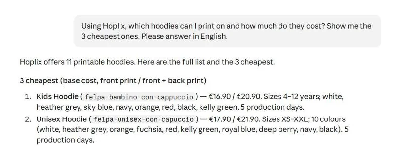 Claude listing printable hoodies with base costs through the Hoplix MCP server