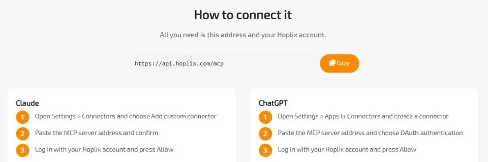Steps to connect the Hoplix MCP server to Claude and ChatGPT