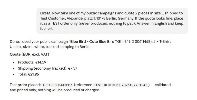 Quote and test order placed from Claude with the Hoplix print on demand MCP server